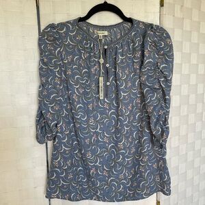 NWT Studio Women’s Blue Floral Print 3/4 Ruffle Sleeve Blouse Top Size Small